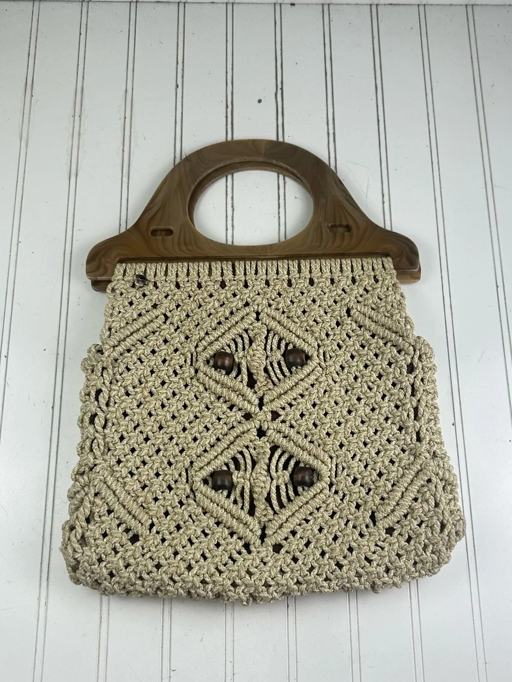Vintage Y2K Vacation Boho Macrame Beige Woven Pattern Shoulder Bag Purse